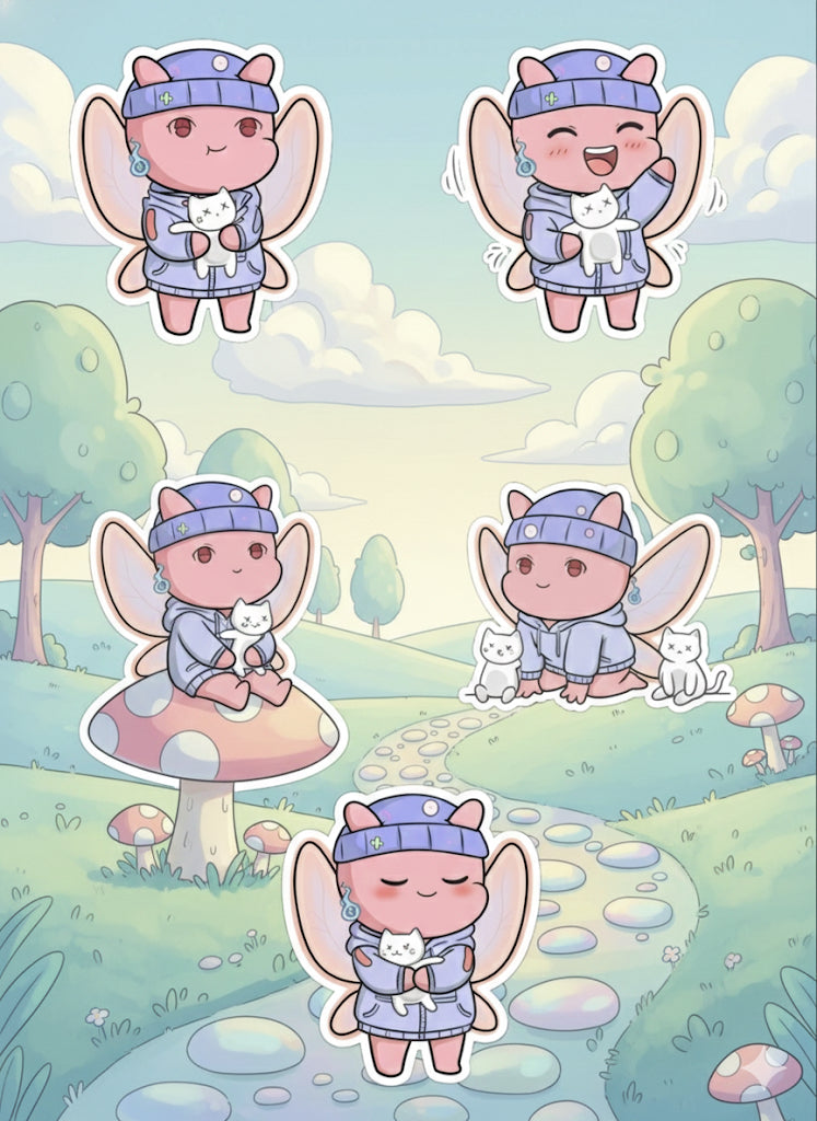 Cozy Fairy Sticker Set(5)| Cute Pink Pixie & Cat Vinyl Decals for Laptops, Water Bottles, Planners, and more! By FxFiendz