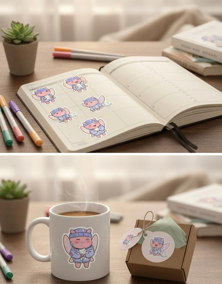 Cozy Fairy Sticker Set(5)| Cute Pink Pixie & Cat Vinyl Decals for Laptops, Water Bottles, Planners, and more! By FxFiendz
